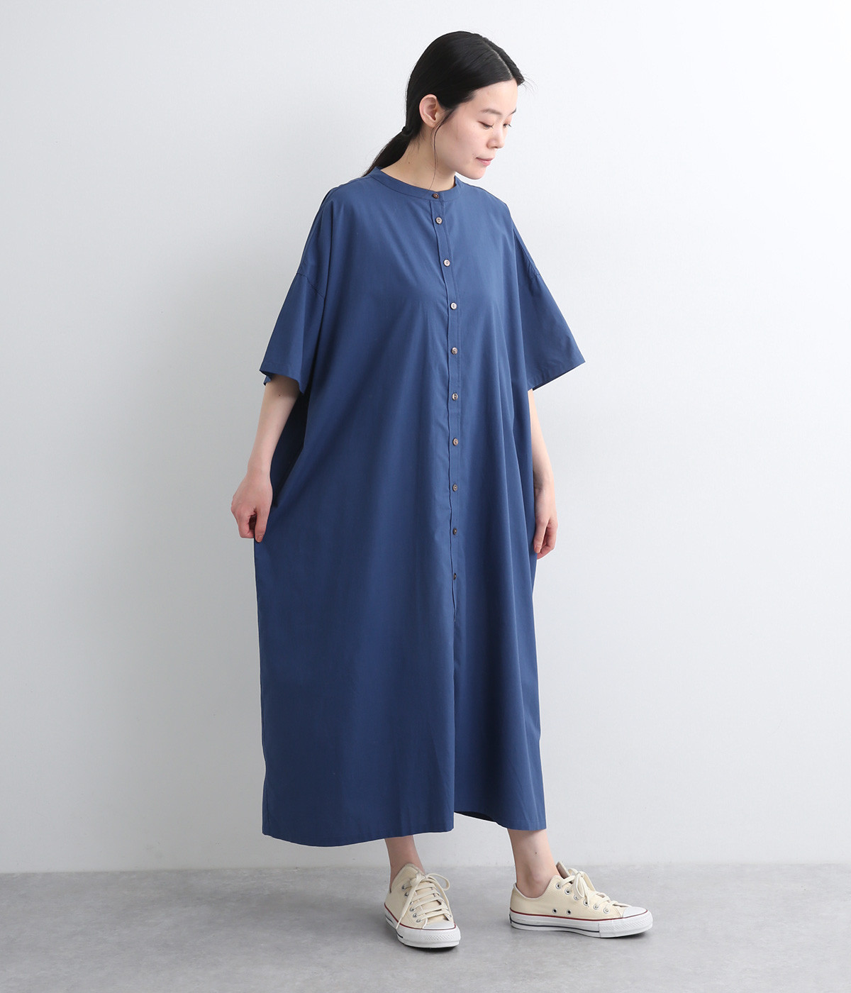 コットンレーヨン平織ワイドワンピース(ネイビー-ONESIZE)