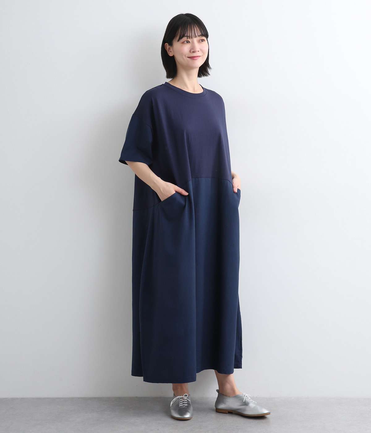 リネン混平織コットン天竺切替ワンピース(ネイビー-ONESIZE)