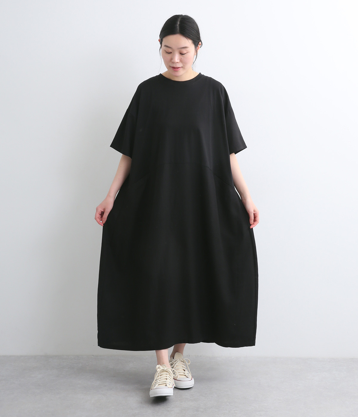 リネン混平織コットン天竺切替ワンピース(ブラック-ONESIZE)