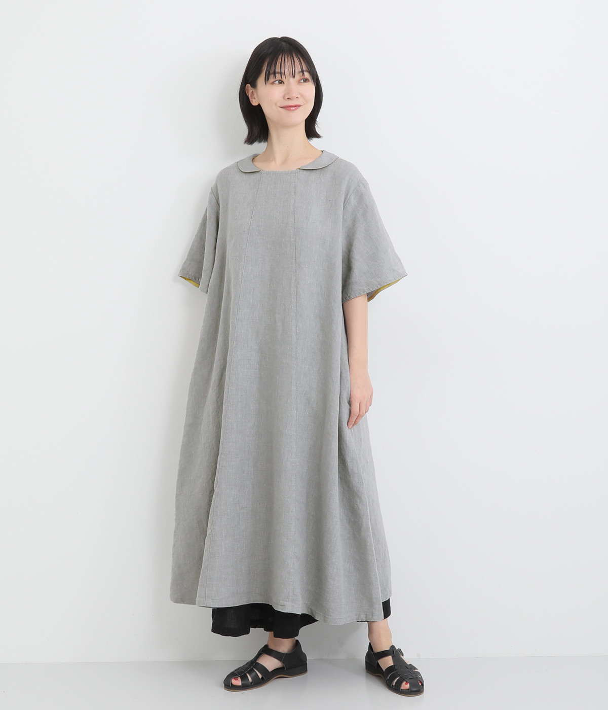 フレンチリネン　シャンブレーワンピース(グレー-ONESIZE)