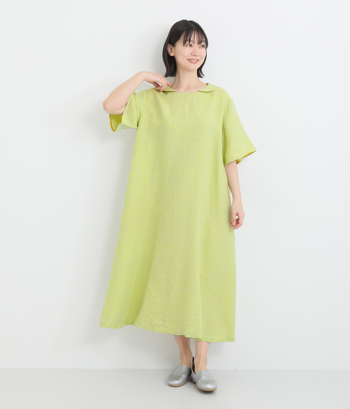 フレンチリネン　シャンブレーワンピース(イエロー-ONESIZE)