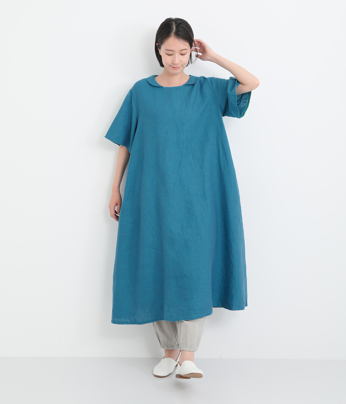 フレンチリネン　シャンブレーワンピース(ブルー-ONESIZE)