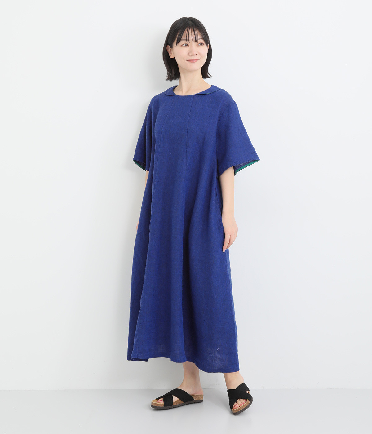 フレンチリネン　シャンブレーワンピース(ネイビー-ONESIZE)