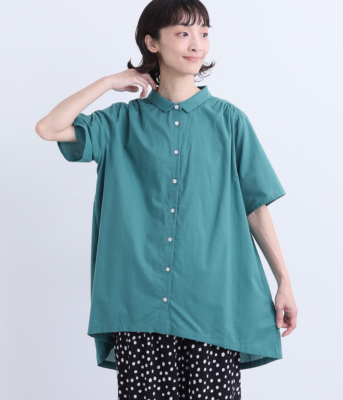 コットンローンチュニックワンピース(グリーン-ONESIZE)