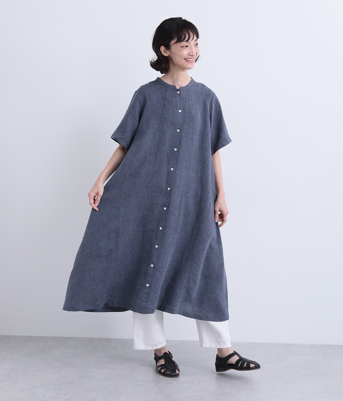 フレンチリネンワンピース(ネイビー-ONESIZE)