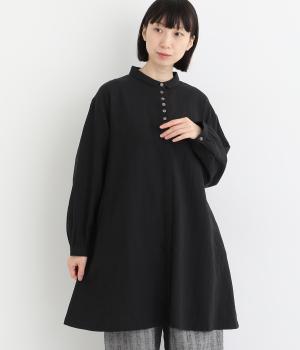 コットンリネン平織チュニックワンピース(ブラック-F)
