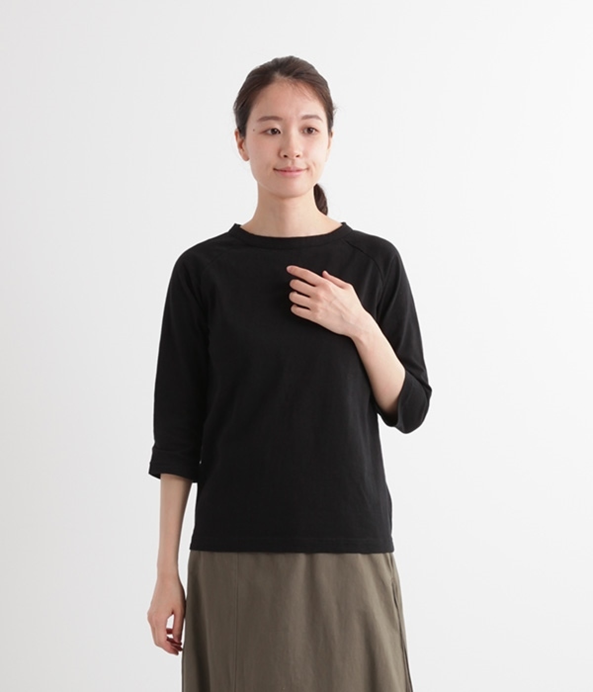 ムラ糸ラグラン7分袖Tシャツ(ブラック-L)
