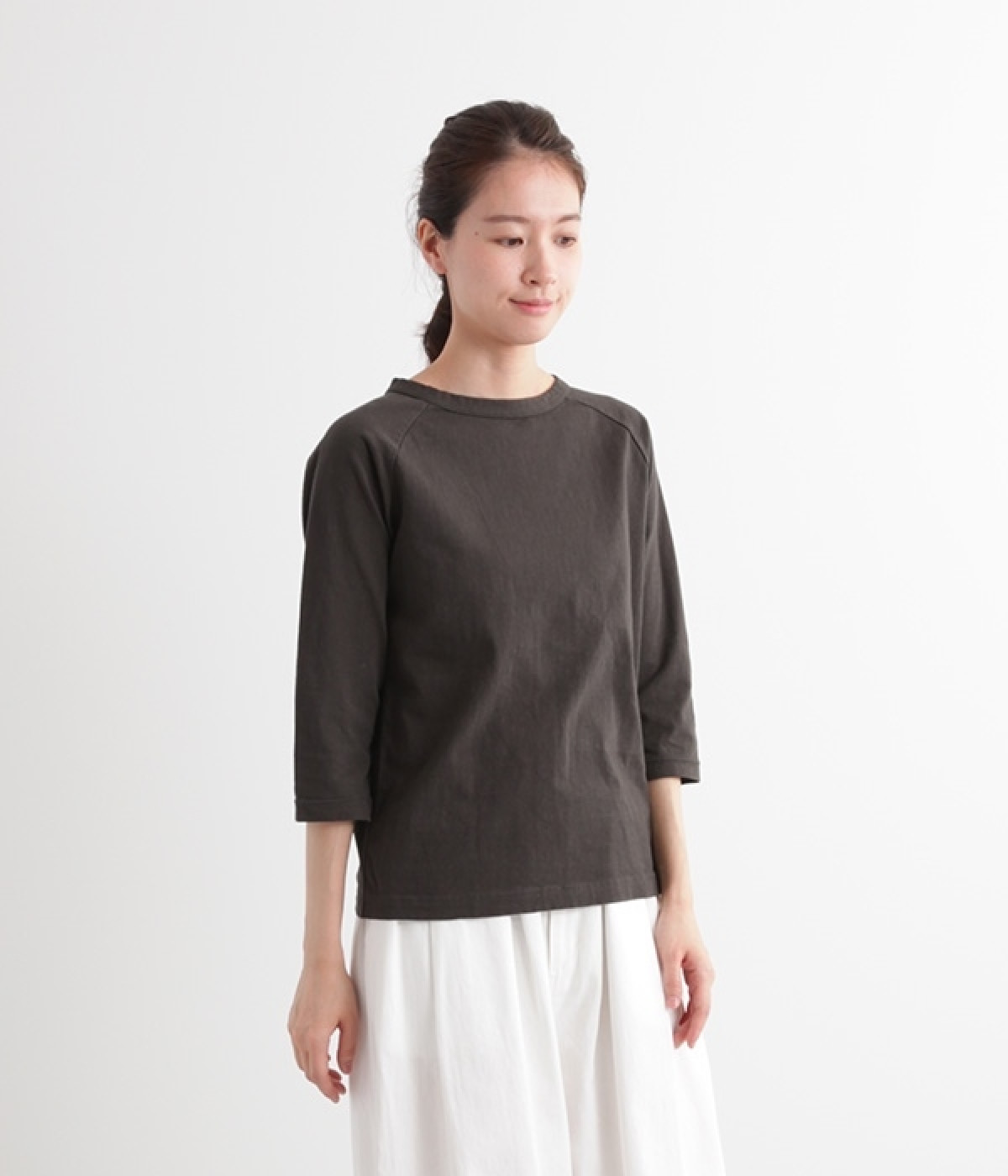 ムラ糸ラグラン7分袖Tシャツ(スミクロ-L)