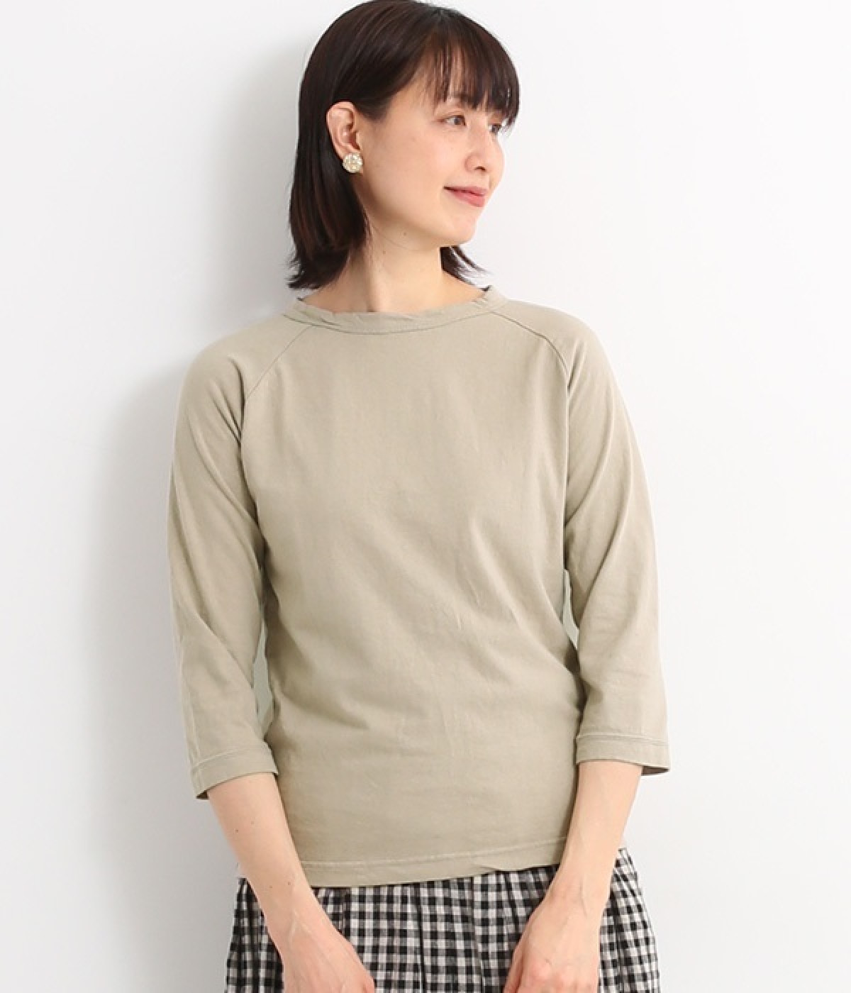 ムラ糸ラグラン7分袖Tシャツ(グレーベージュ-M)