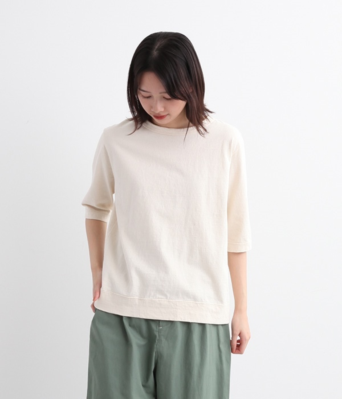 ムラ糸天竺5分袖Tシャツ(キナリ-L)