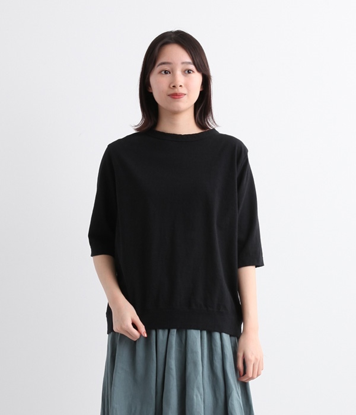 ムラ糸天竺5分袖Tシャツ(ブラック-L)