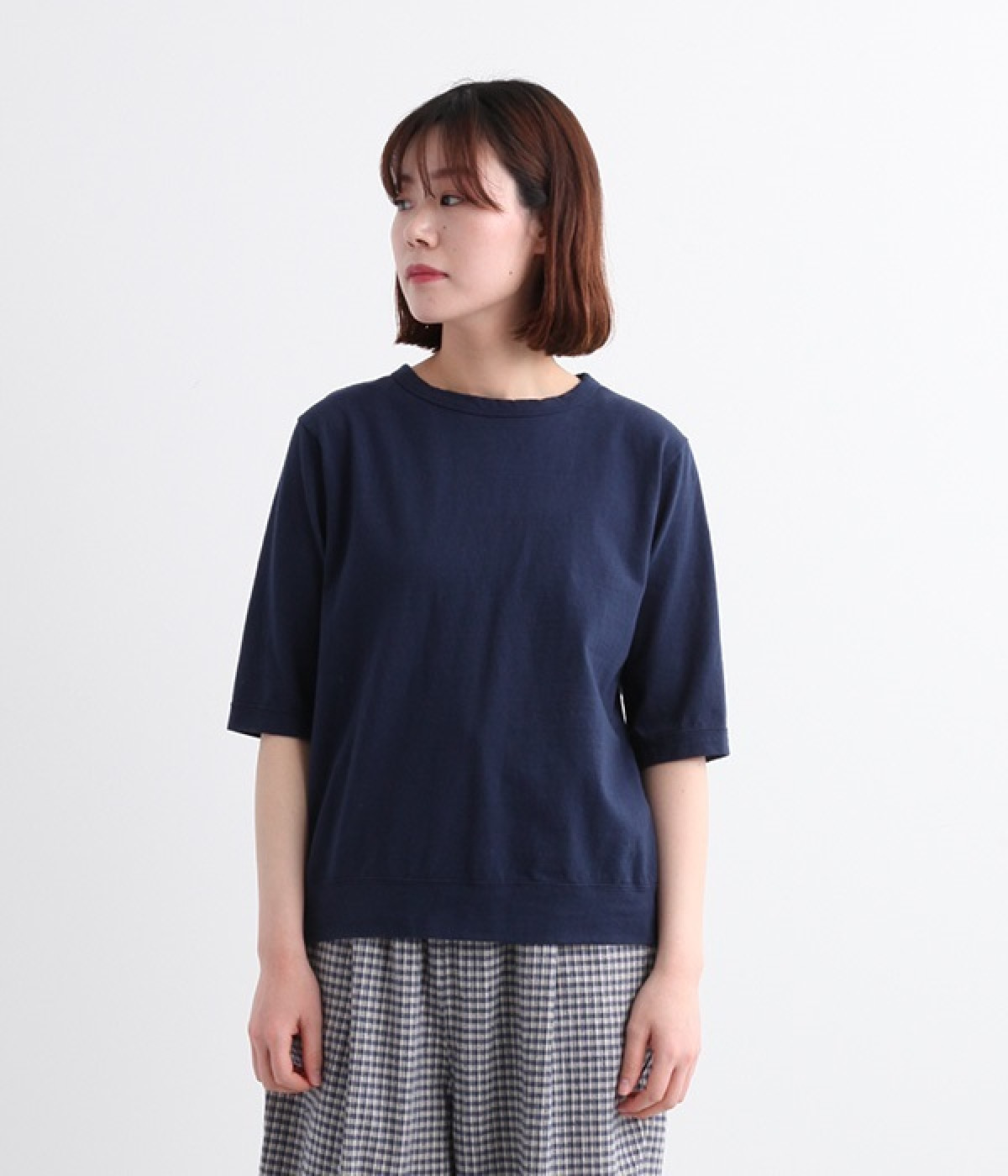 ムラ糸天竺5分袖Tシャツ(ネイビー-L)