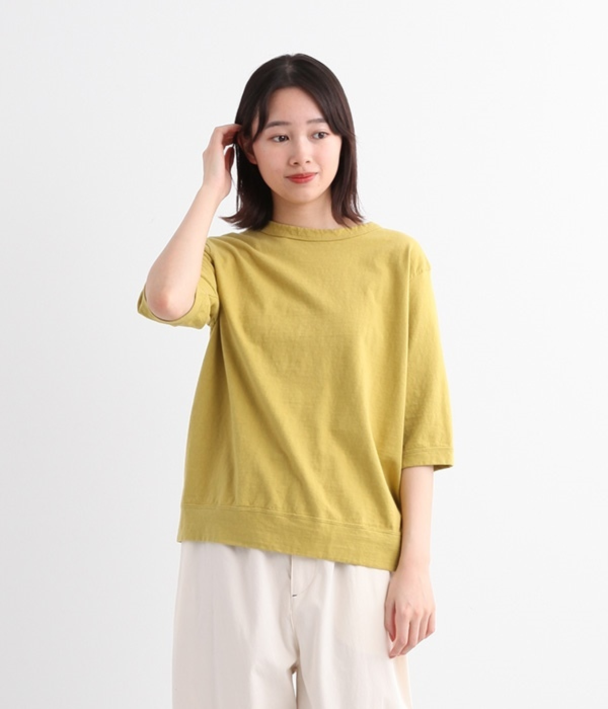 ムラ糸天竺5分袖Tシャツ(イエローグリーン-L)