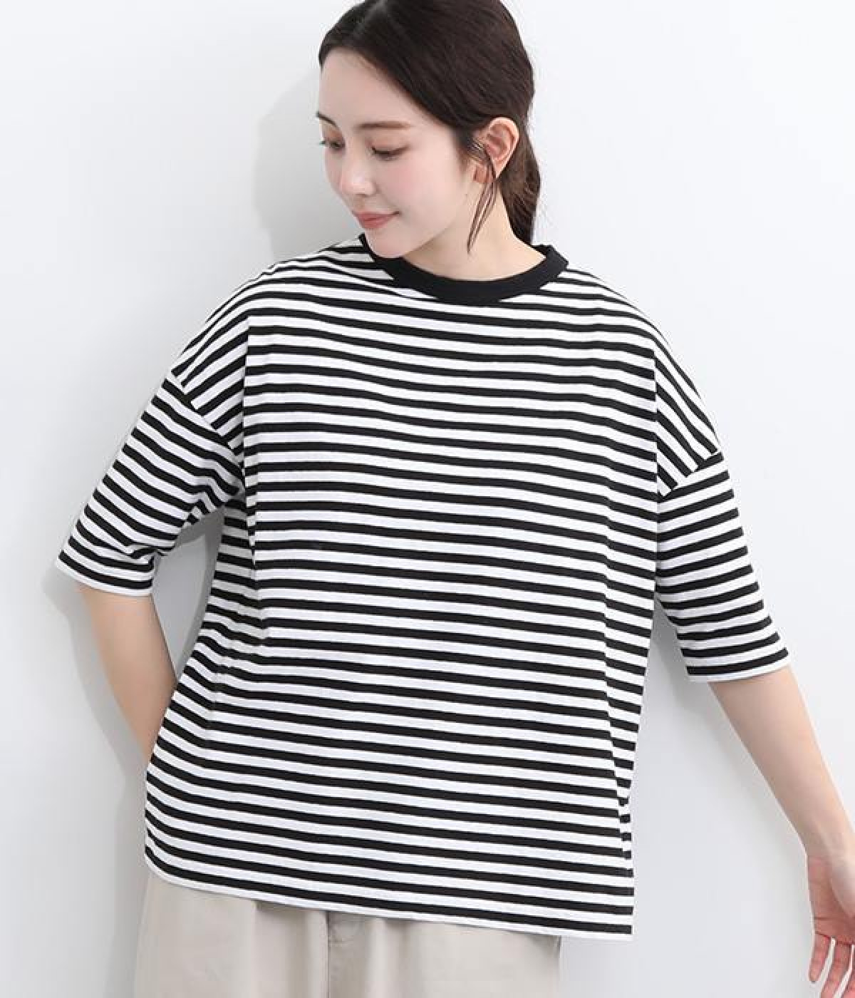 ムラ糸ボーダーワイドTシャツ(ホワイト×ブラック-ONESIZE)