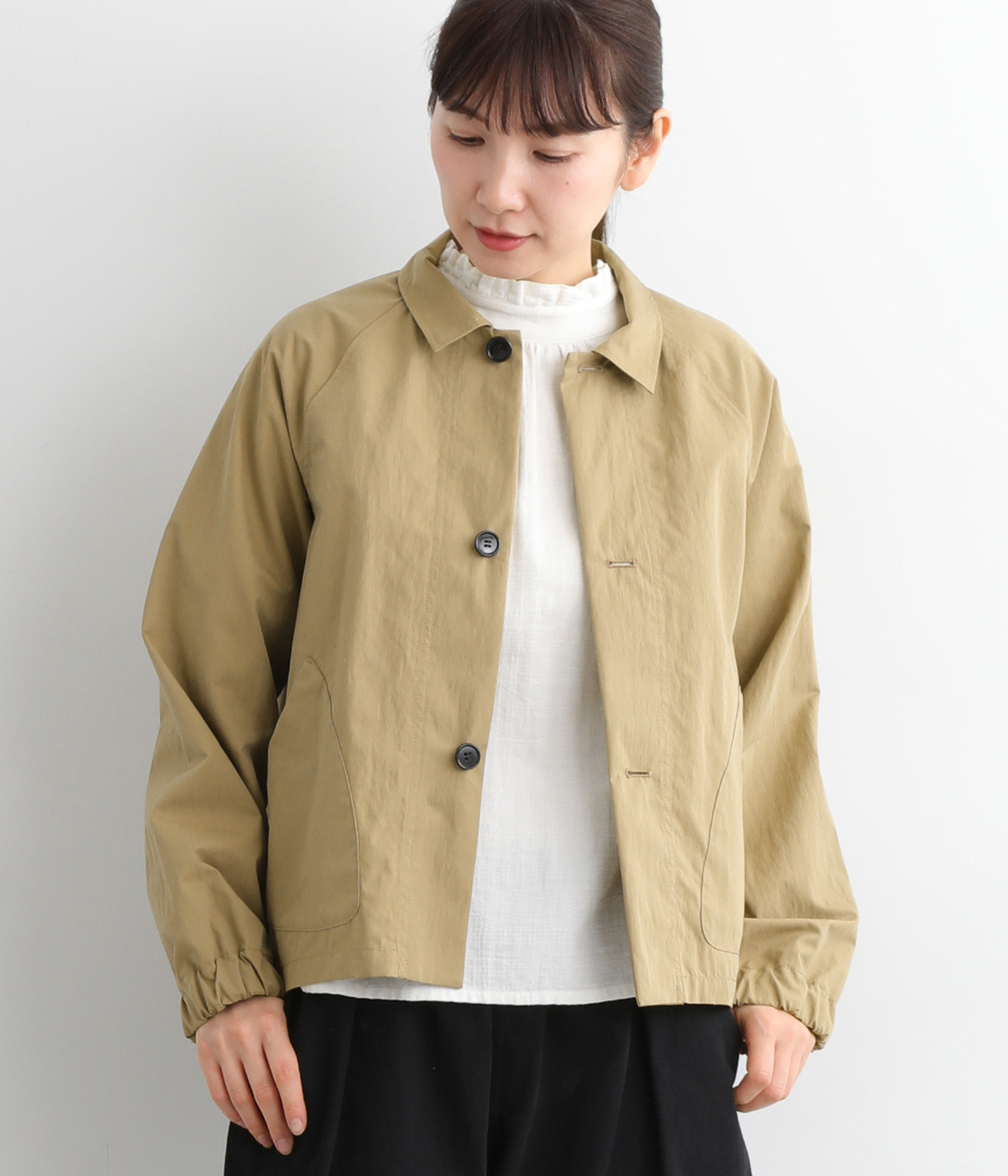 コットンナイロンウェザー異素材切替えジャケット(ベージュ-ONESIZE)