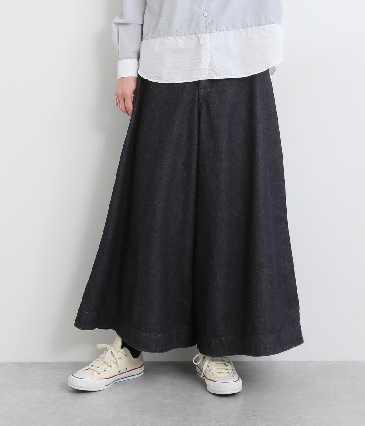 コットンリネンデニムワイドパンツ(ネイビー-ONESIZE)