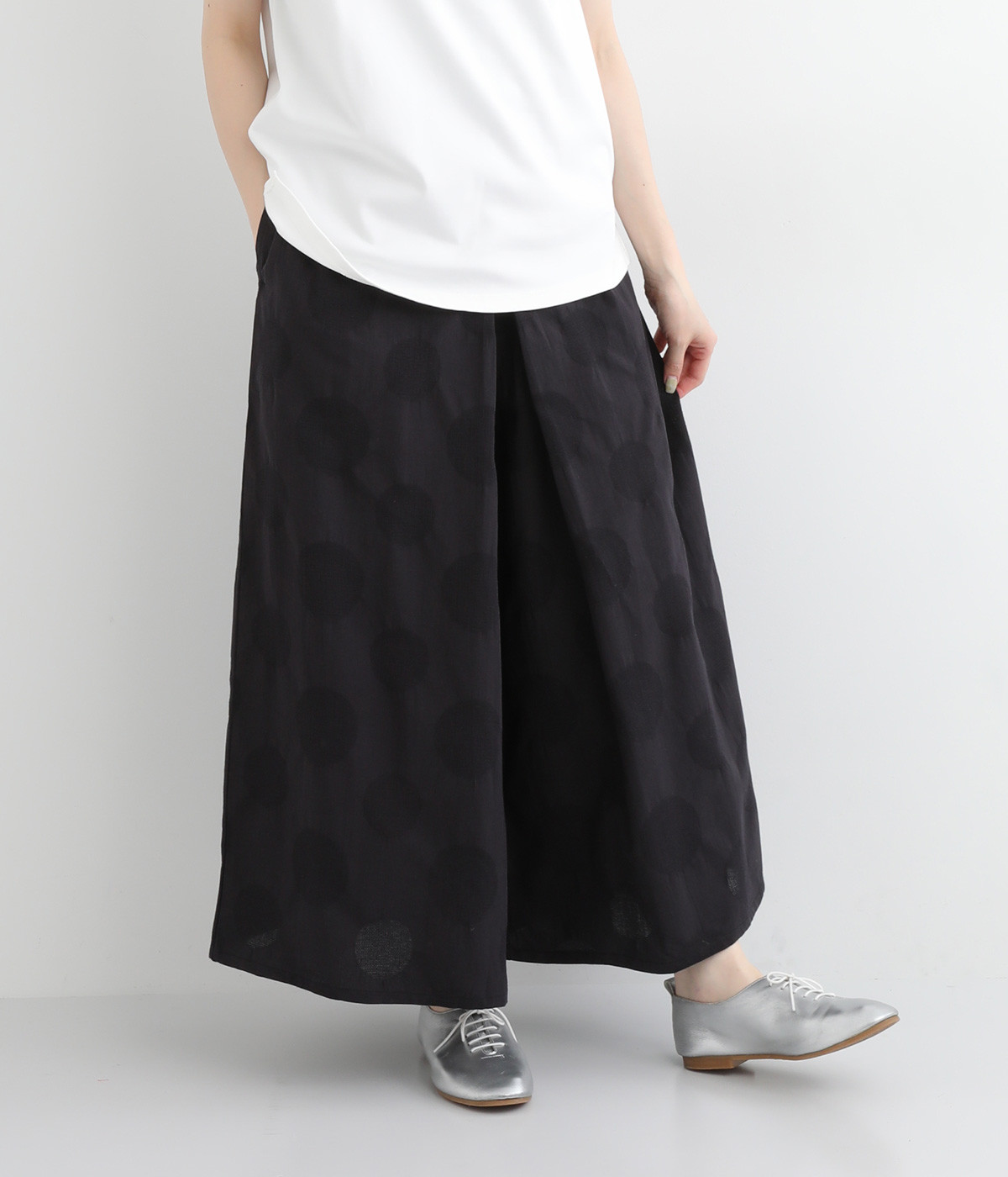 コットンリネンドットジャカードワイドパンツ(ブラック-ONESIZE)