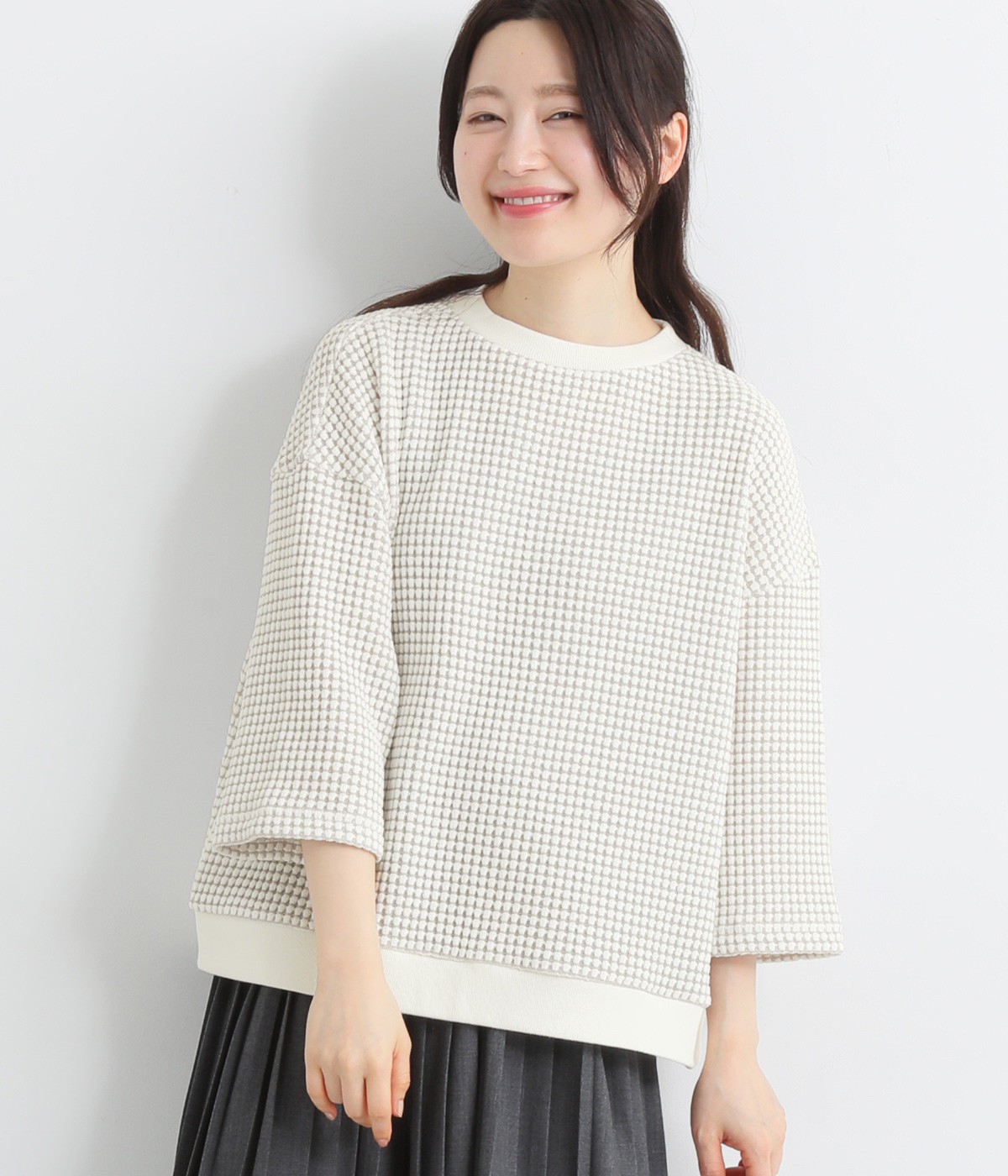 ツートーンワッフルワイドプルオーバー(オフホワイト-ONESIZE)