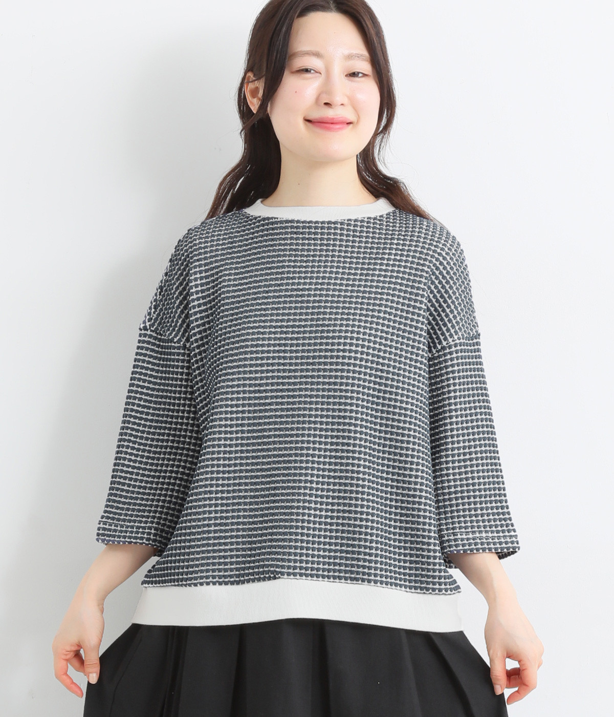 ツートーンワッフルワイドプルオーバー(ネイビー-ONESIZE)