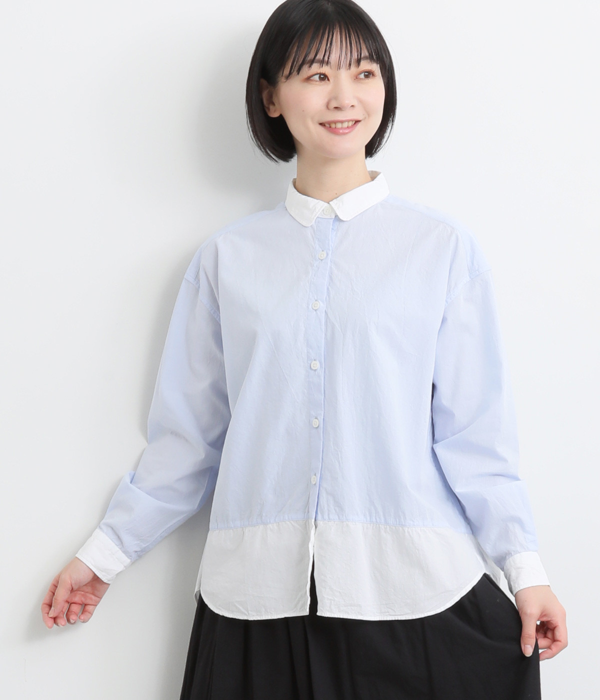 コットンスムースウォッシュドタイプライター配色ブラウス(サックス-ONESIZE)