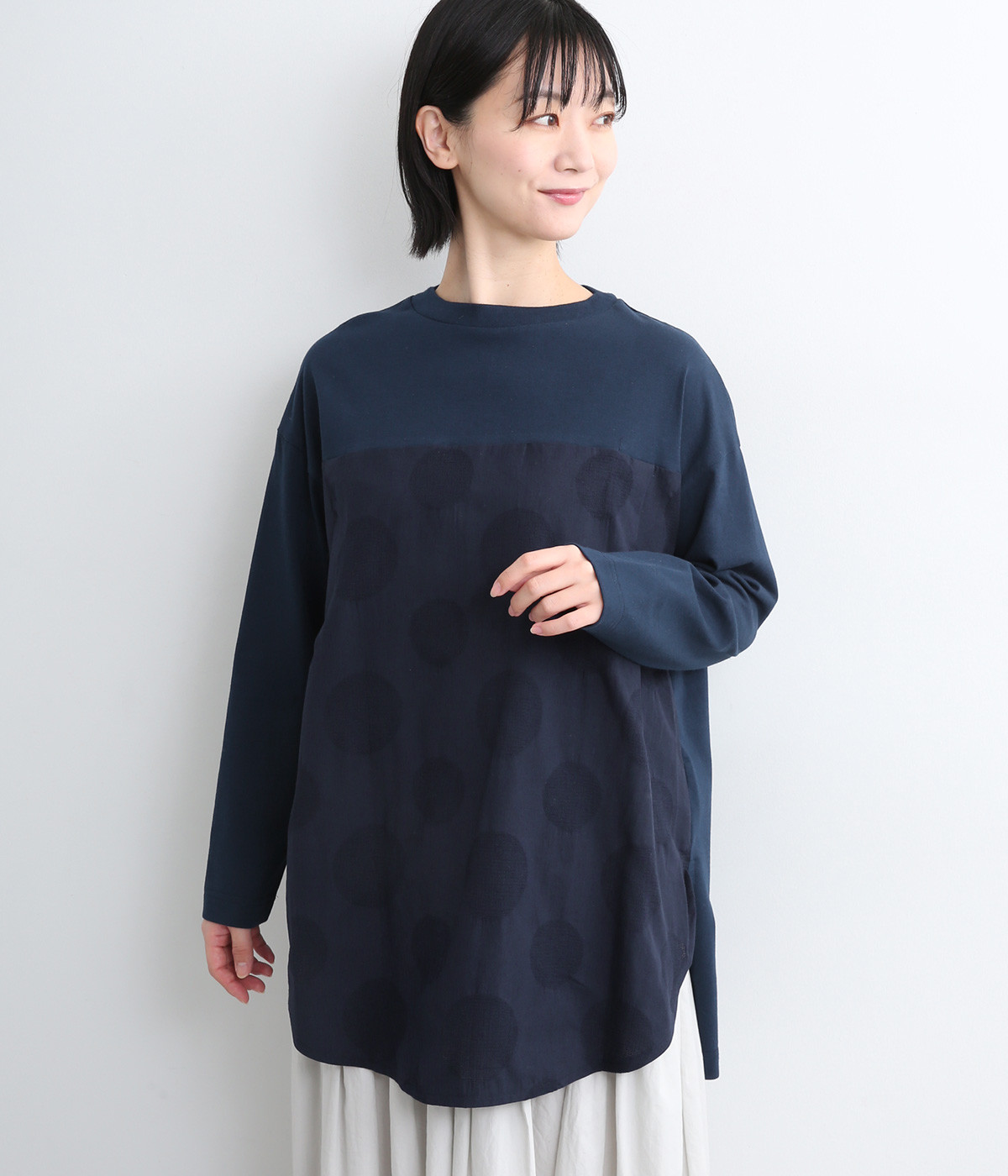 コットンリネンドットジャカードチュニック(ネイビー-ONESIZE)