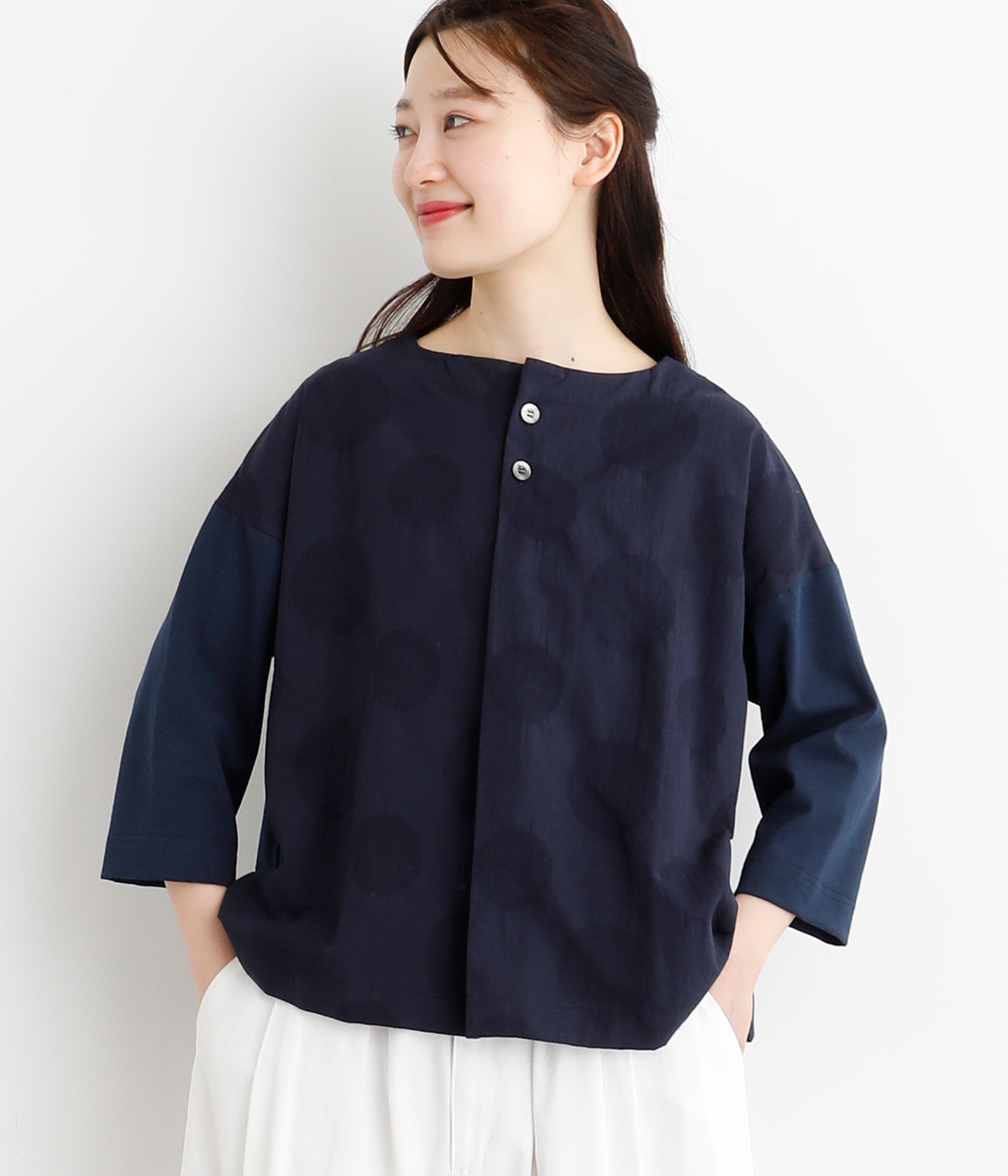 コットンリネンドットジャカード7分袖ブラウス(ネイビー-ONESIZE)