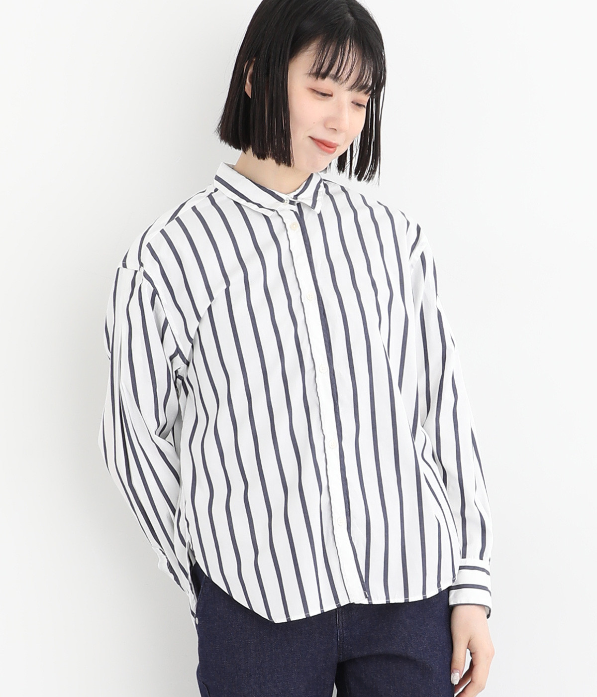 コットンストライプワッシャーシャツ(ホワイト系-ONESIZE)