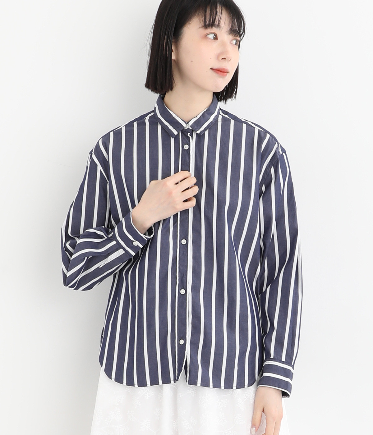 コットンストライプワッシャーシャツ(ネイビー系-ONESIZE)