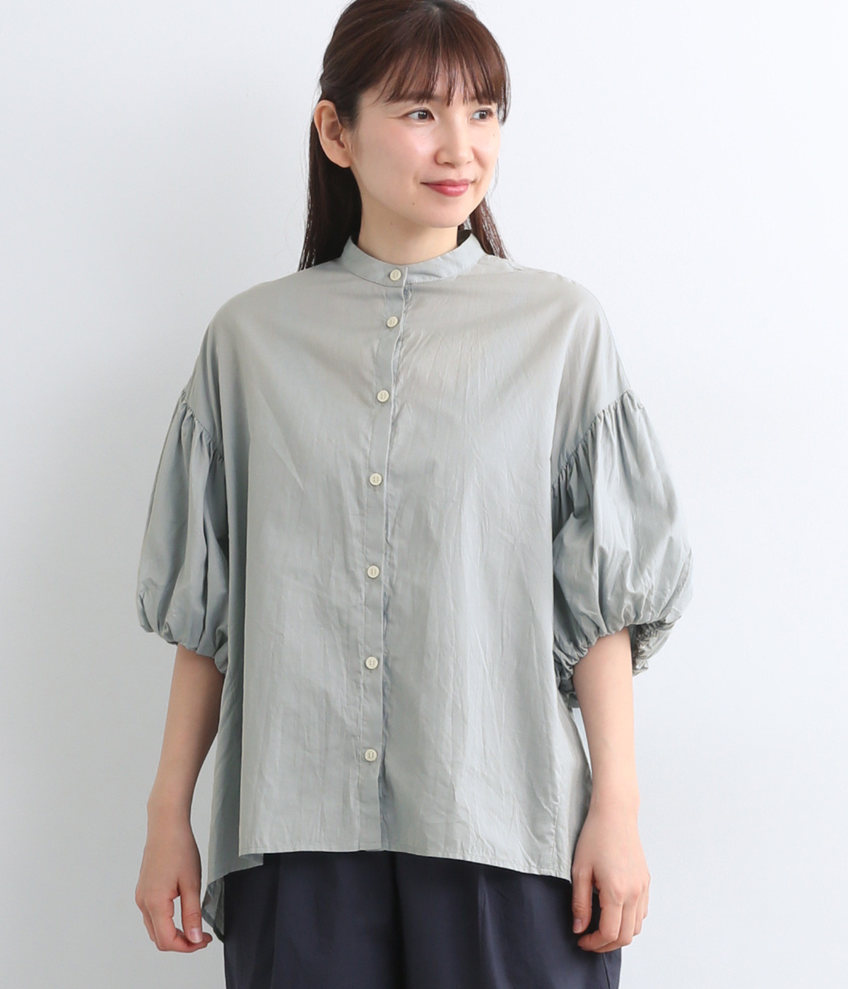 コットンローンパフスリーブブラウス(サックス-ONESIZE)