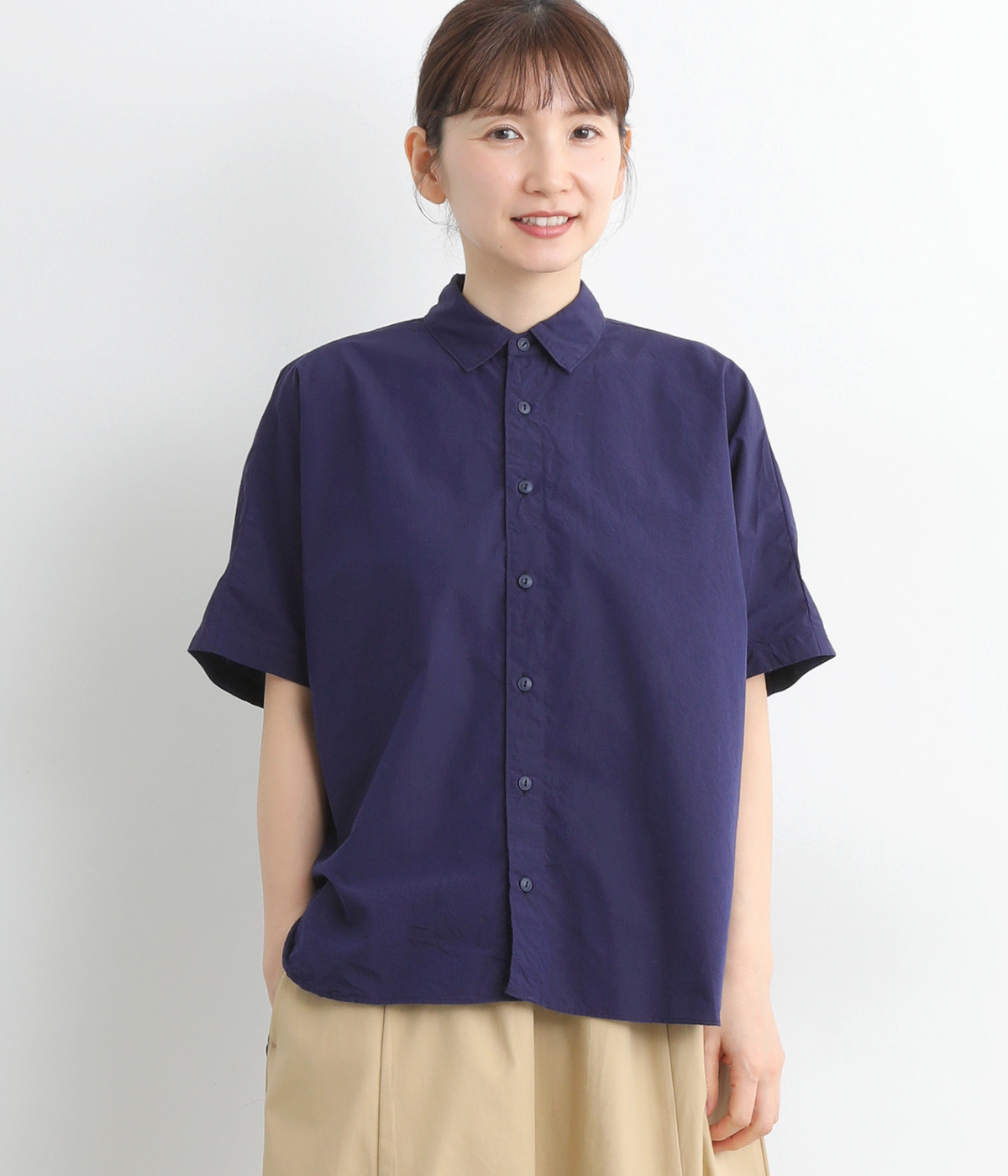 コットンスムースウォッシュタイプライタードルマンワイドブラウス(ネイビー-ONESIZE)