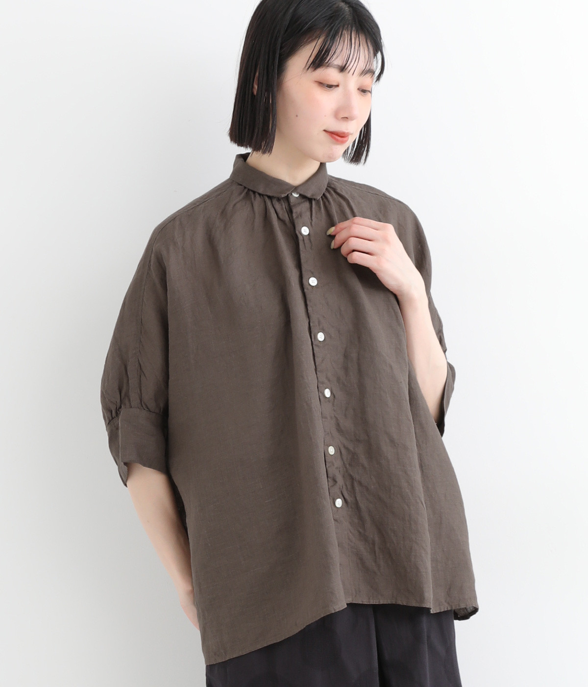 フレンチリネンシャンブレードルマンワイドブラウス(ブラウン-ONESIZE)