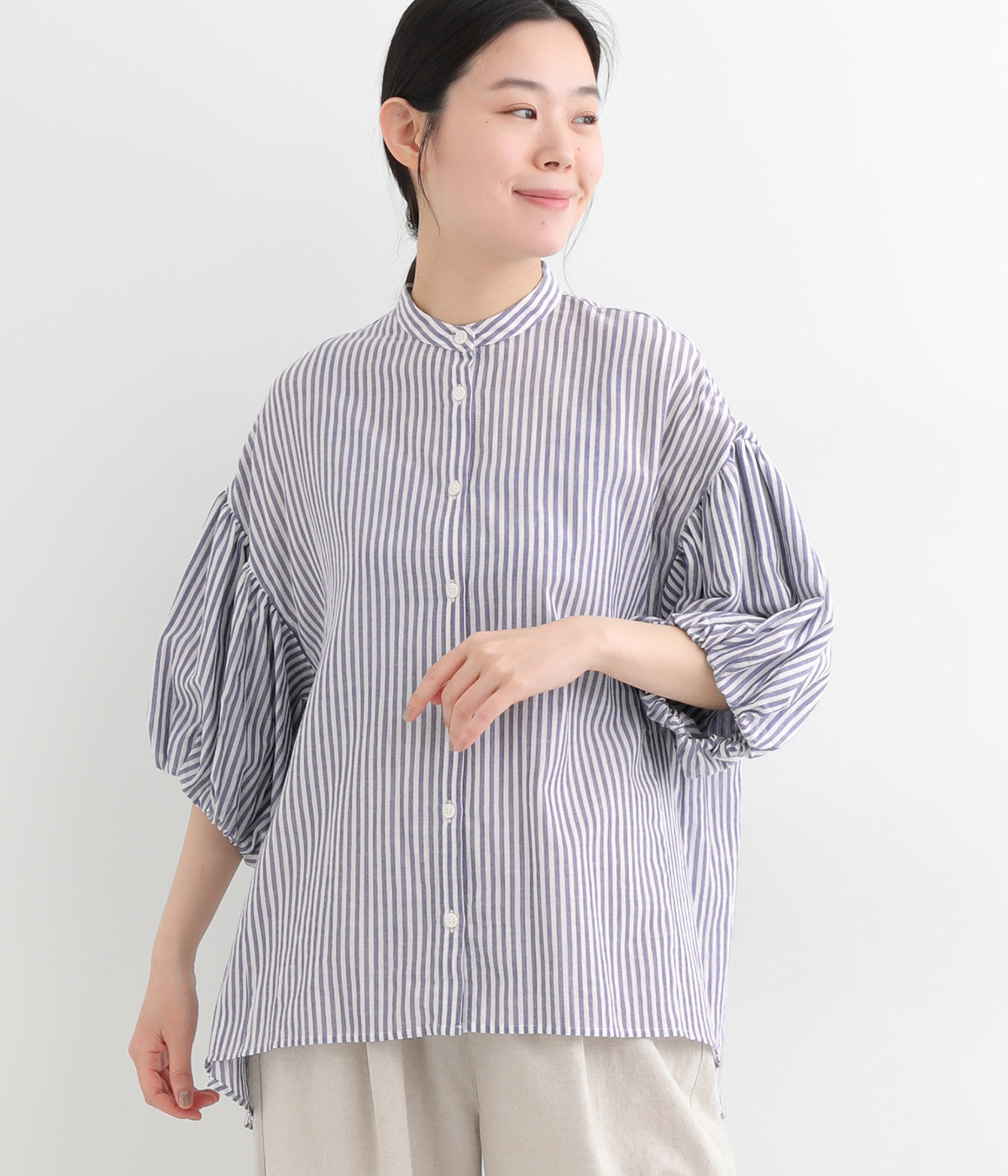 コットンワッシャーストライプパフスリーブブラウス(ネイビー-ONESIZE)