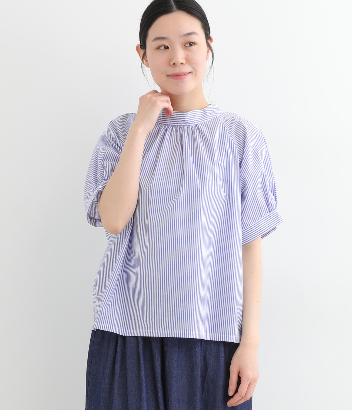 コットンストライプバックタックブラウス(中ストライプブルー-ONESIZE)