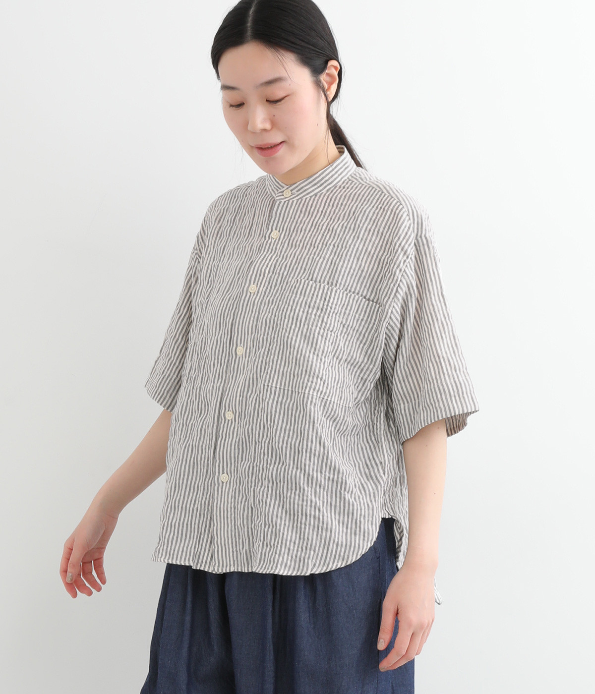 シャーリングヘリンボーンバックギャザーブラウス(ストライプ-ONESIZE)