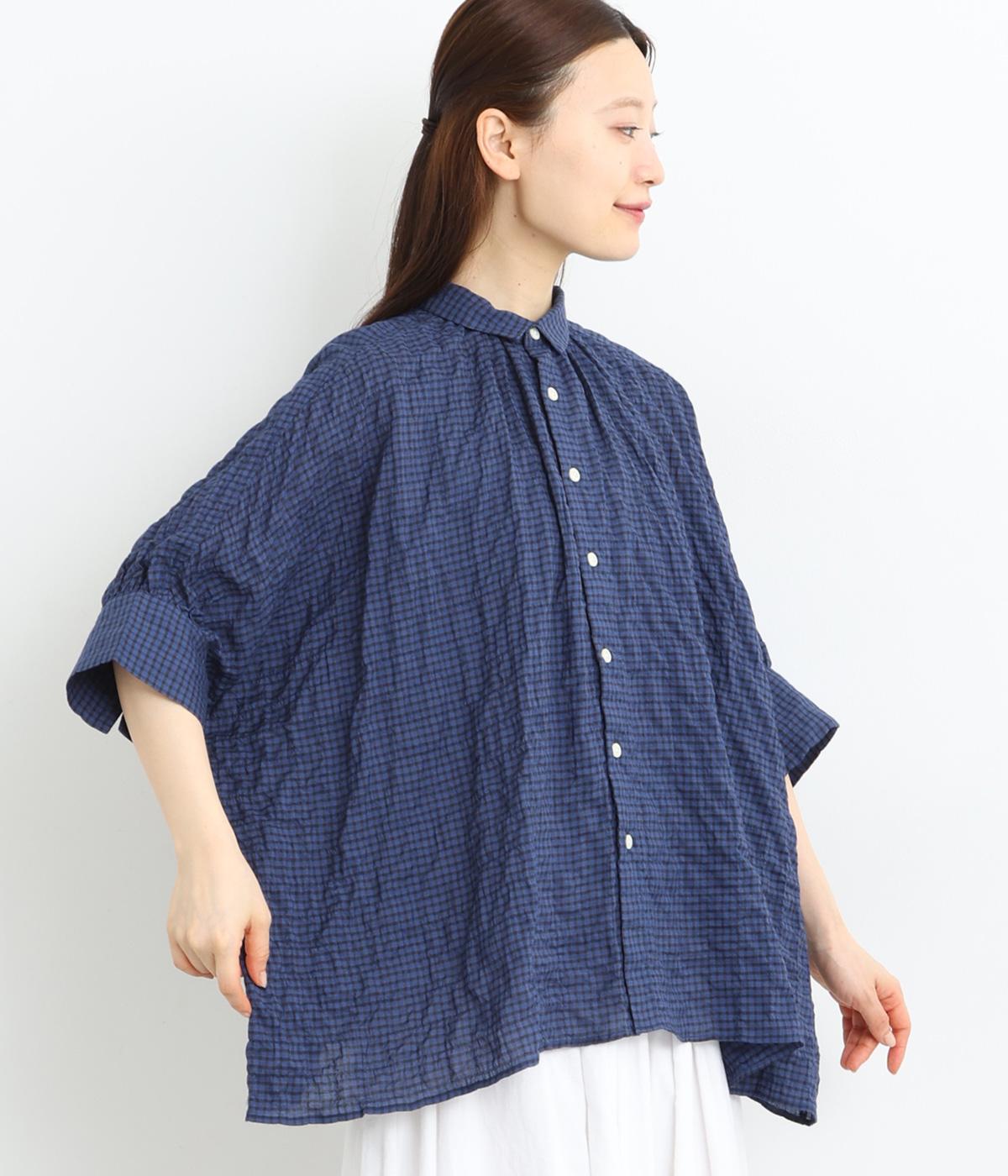 モダールシャーリングチェックドルマンブラウス(ブルーネイビー-ONESIZE)