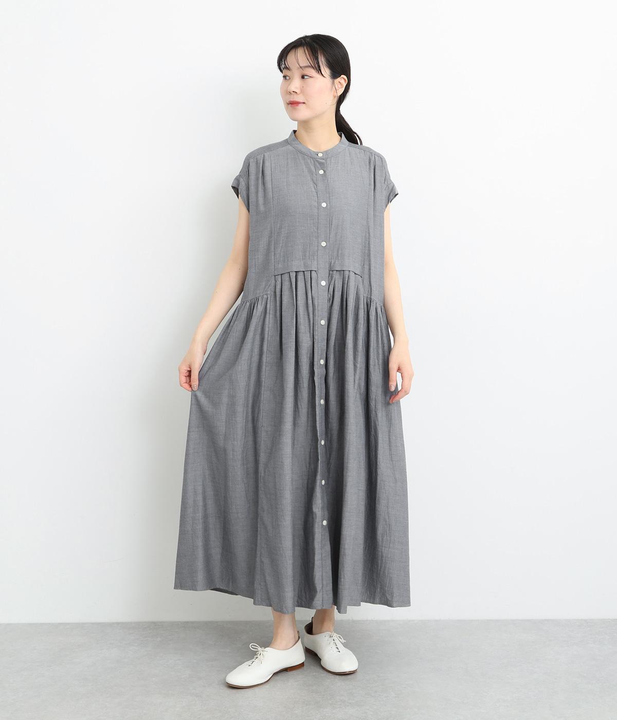 コットンインディゴヘリンボーン切替えギャザーワンピース(ホワイト×ネイビー-ONESIZE)