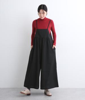 クロスストレッチギャザーワイドサロペット(ブラック-ONESIZE)