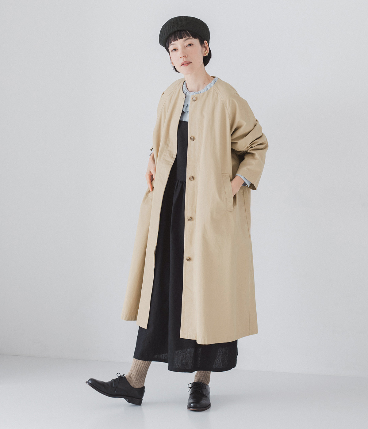 コットンツイル　ノーカラーコート(ベージュ-ONESIZE)