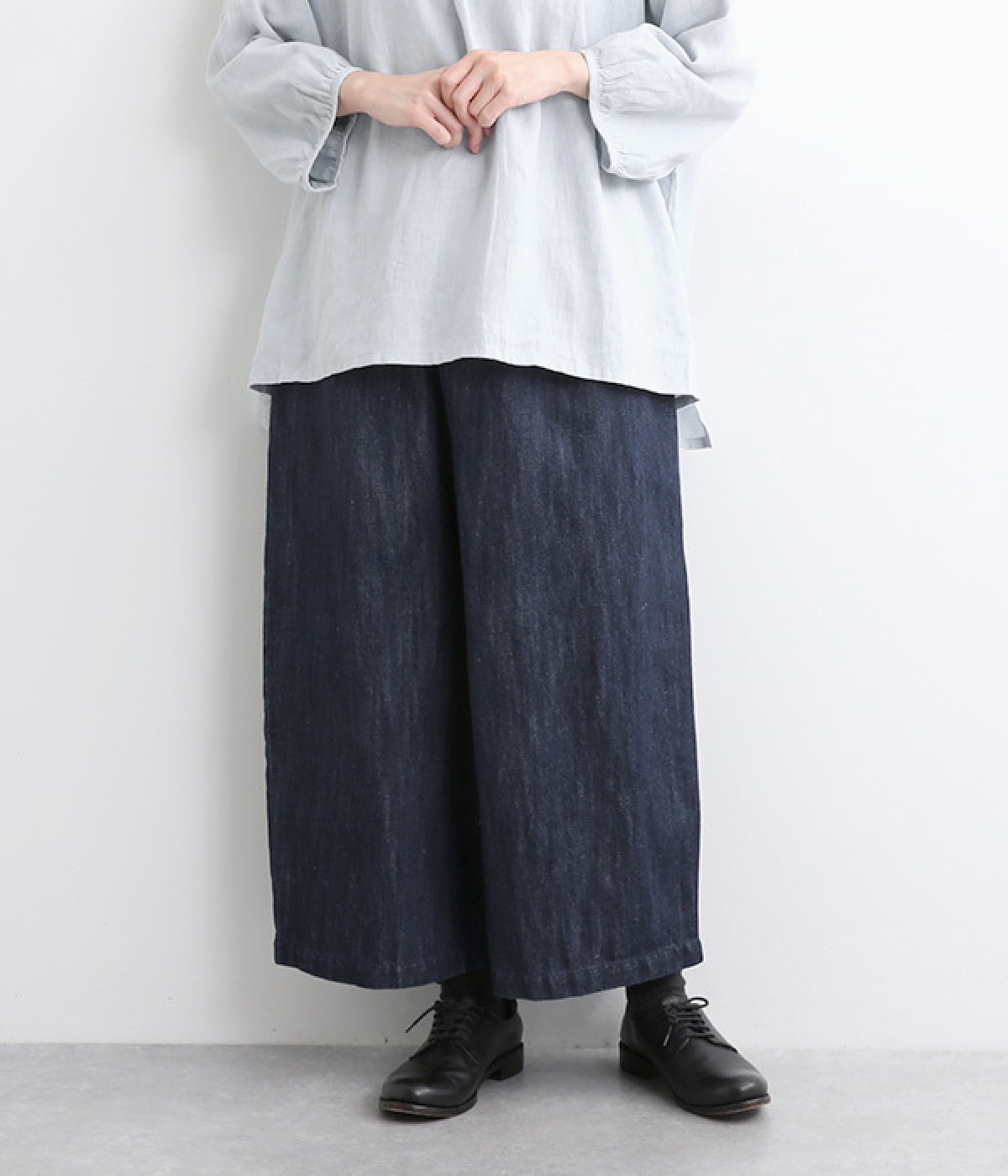 コットンリネンデニムワイドパンツ(インディゴ-ONESIZE)
