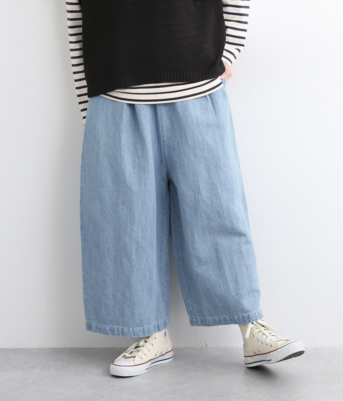 コットンリネンデニムワイドパンツ(ライトブルー-ONESIZE)