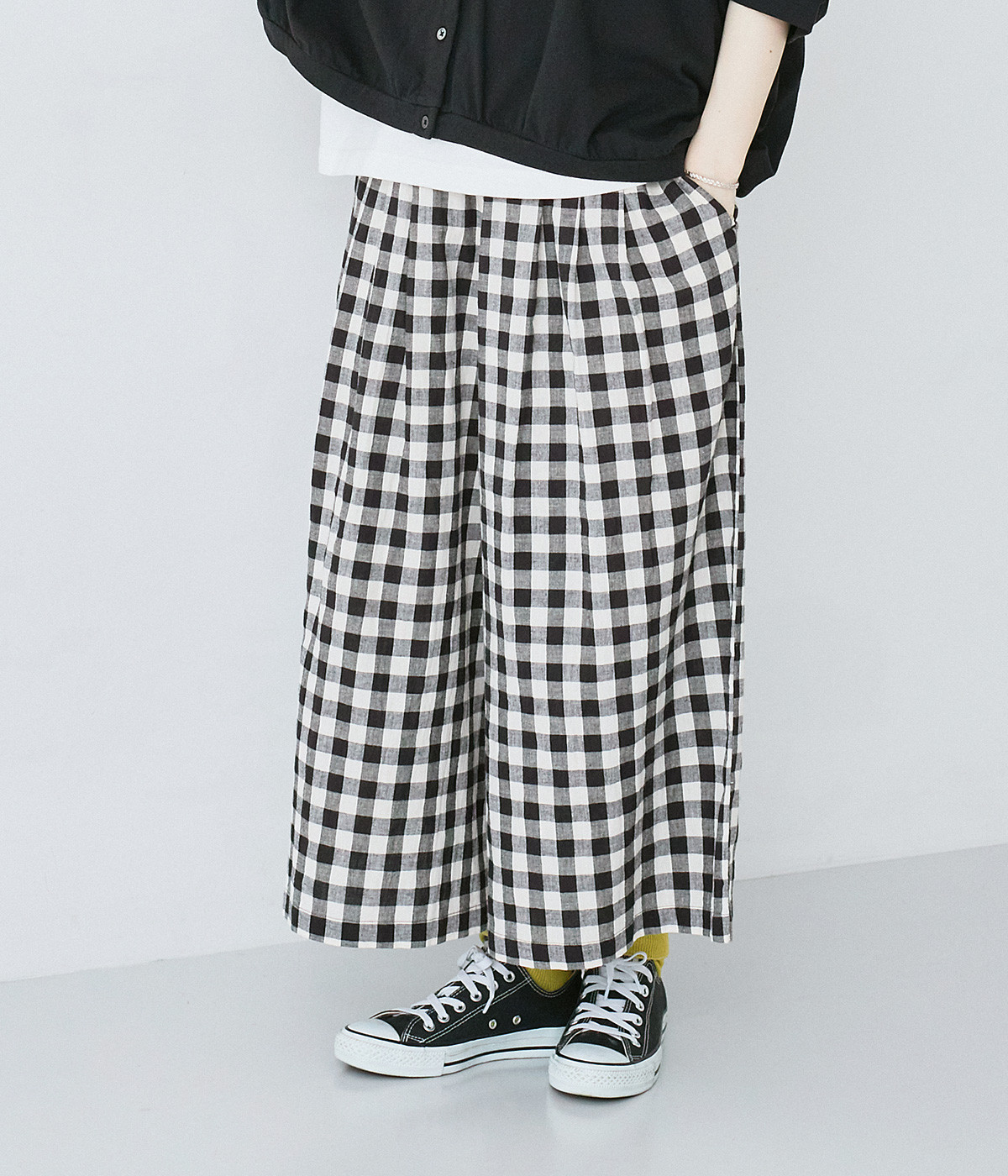 日本製コットンリネンブロードワッシャーワイドパンツ(ブロックチェック-ONESIZE)