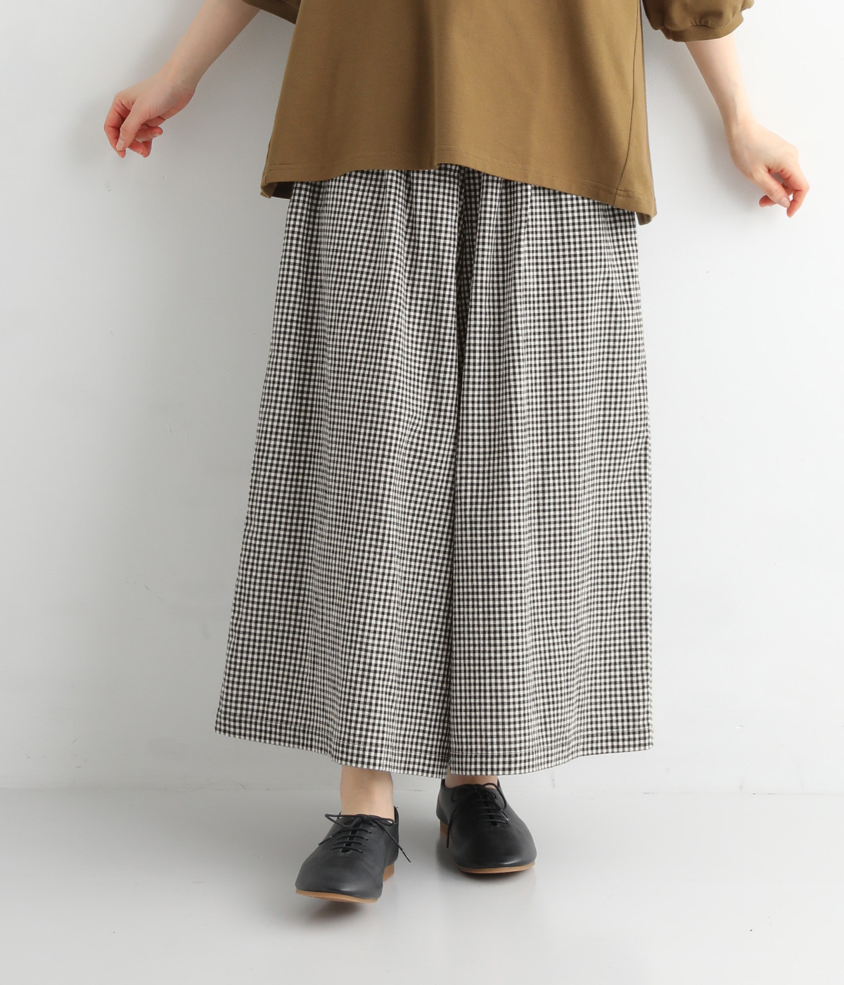 日本製コットンリネンブロードワッシャーワイドパンツ(ギンガム-ONESIZE)