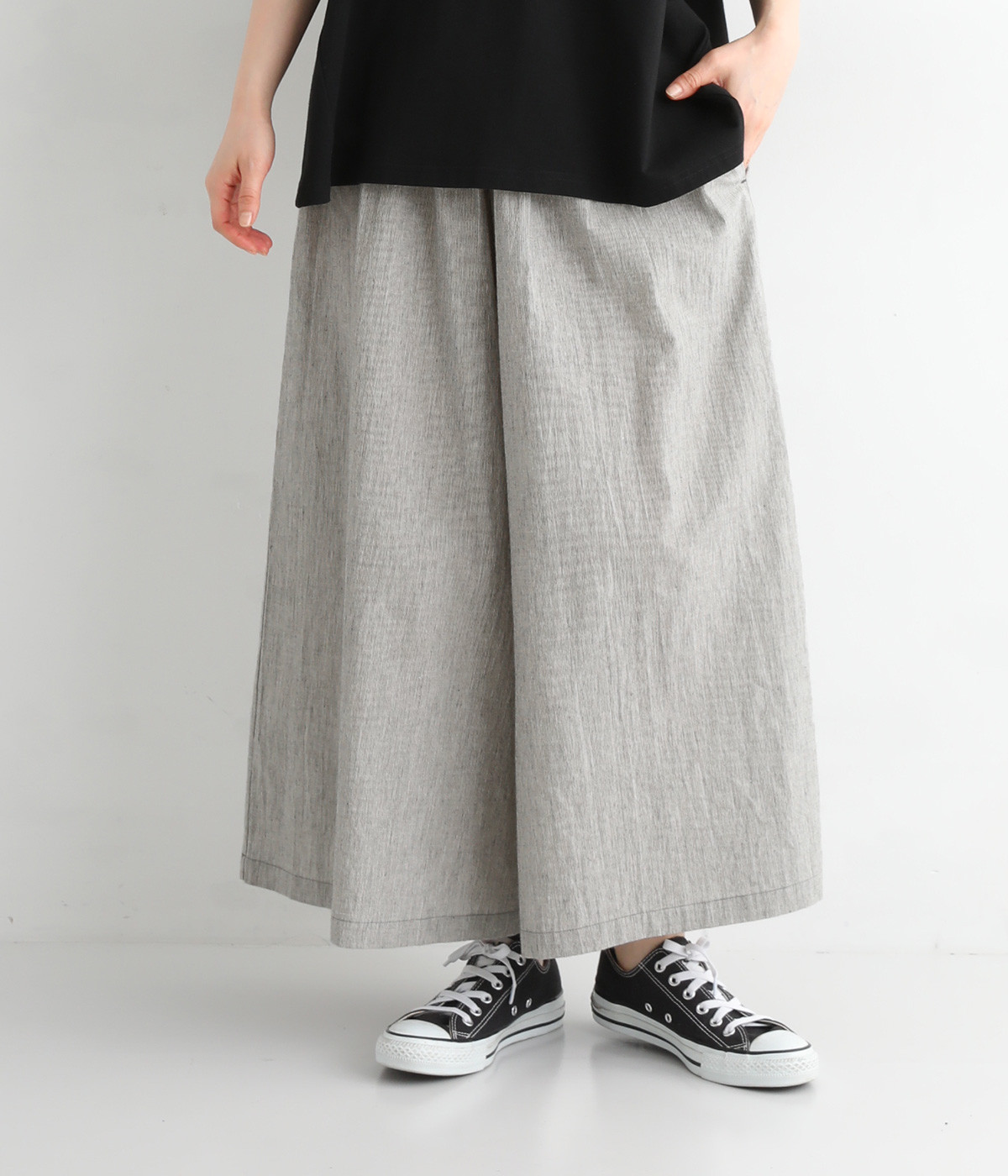 日本製コットンリネンブロードワッシャーワイドパンツ(ストライプ-ONESIZE)