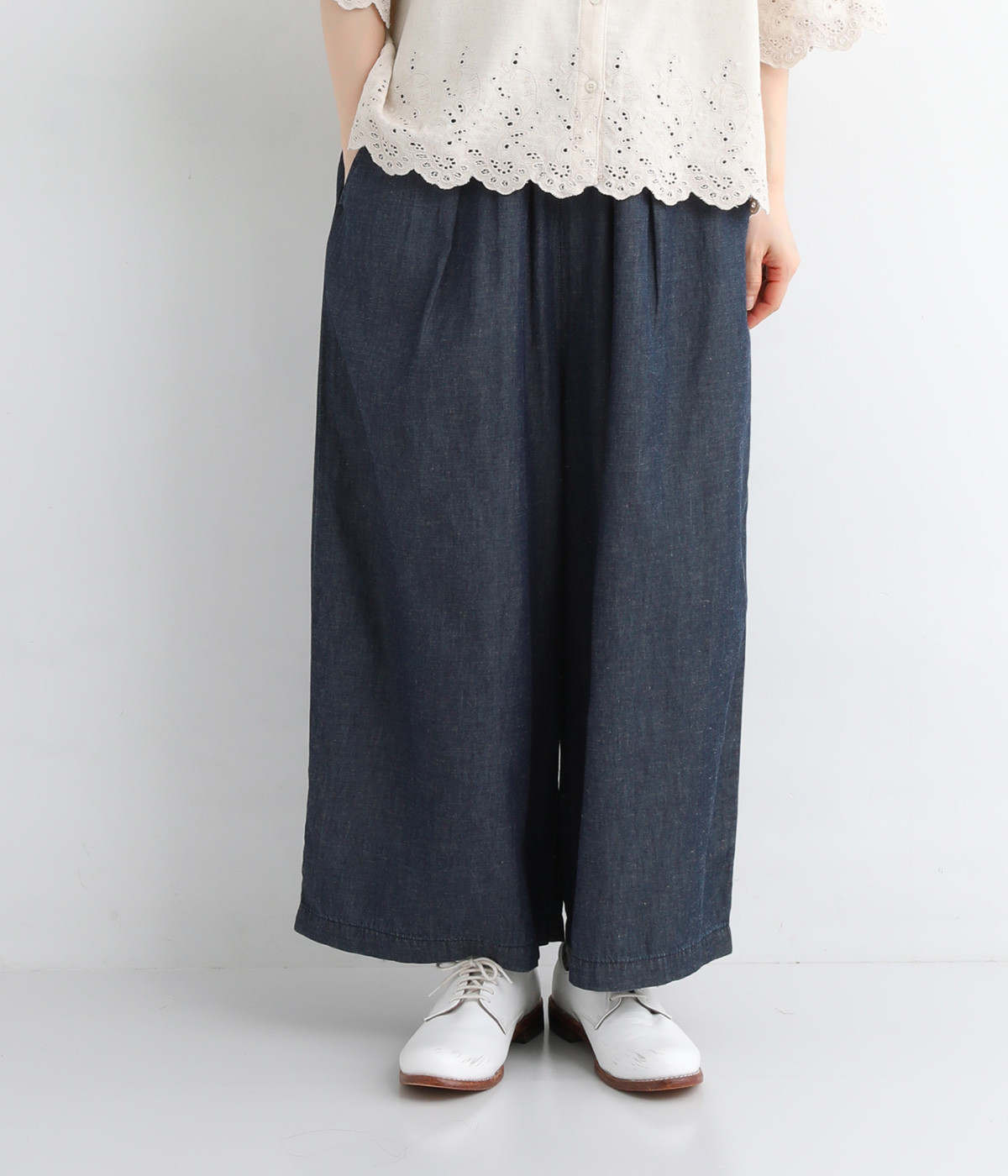 コットンリネン4.5ozデニムワイドパンツ(ネイビー-ONESIZE)