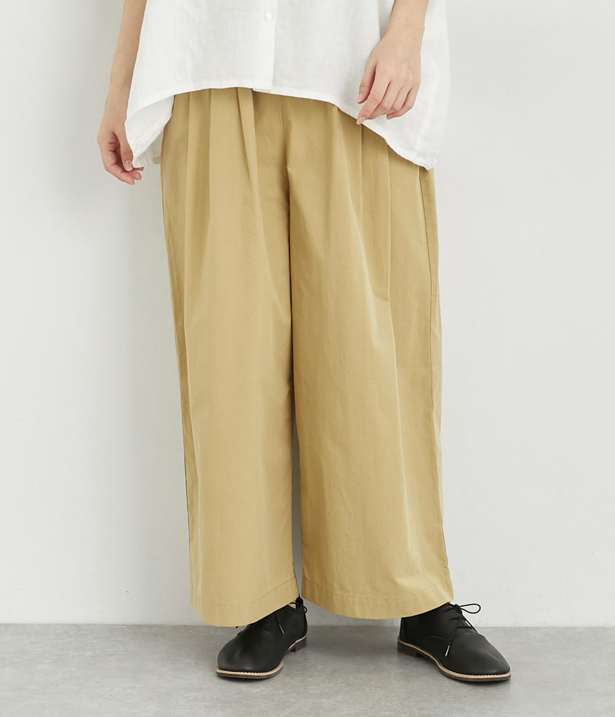 コットンタイプライター　ウエストタックワイドパンツ(ベージュ-ONESIZE)
