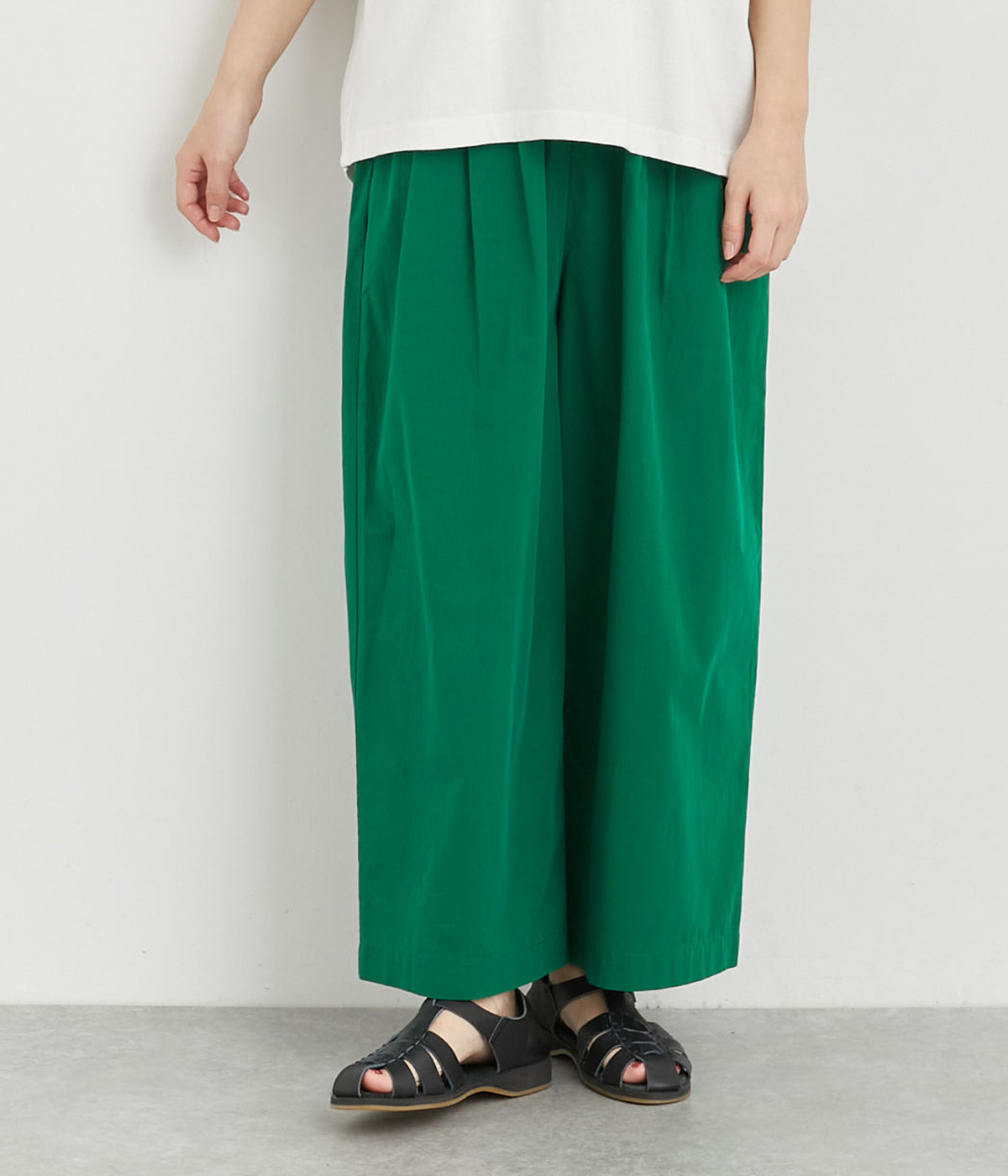 コットンタイプライター　ウエストタックワイドパンツ(グリーン-ONESIZE)