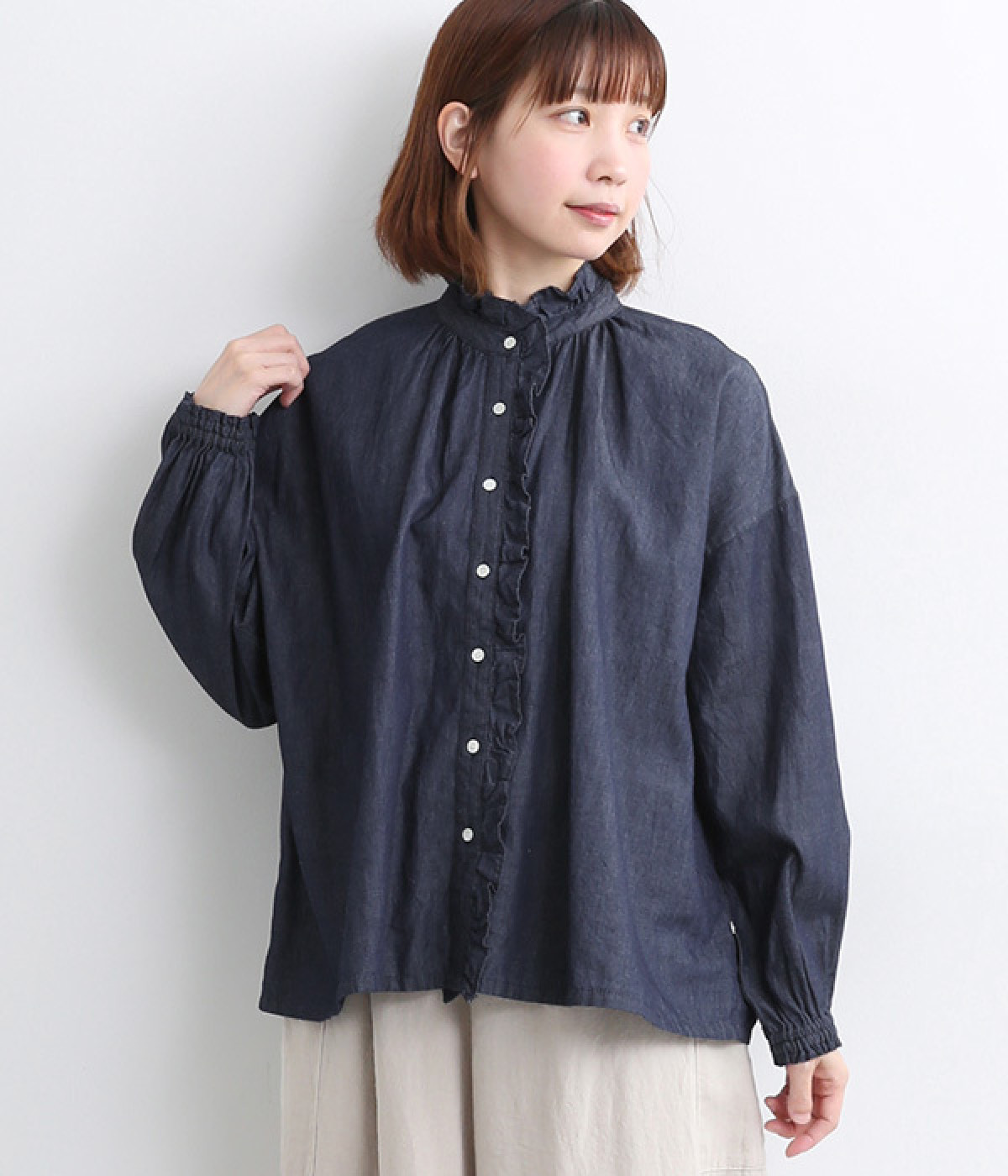 コットンリネンデニム2wayフリルシャツ(インディゴ-ONESIZE)