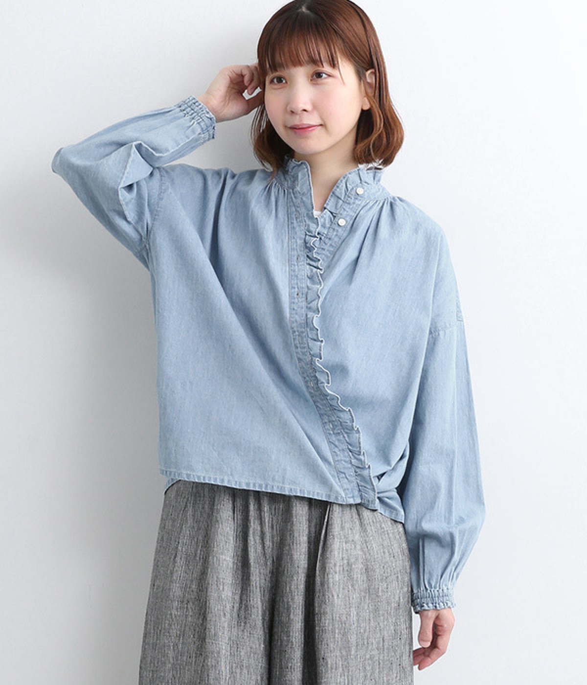 コットンリネンデニム2wayフリルシャツ(ライトブルー-ONESIZE)