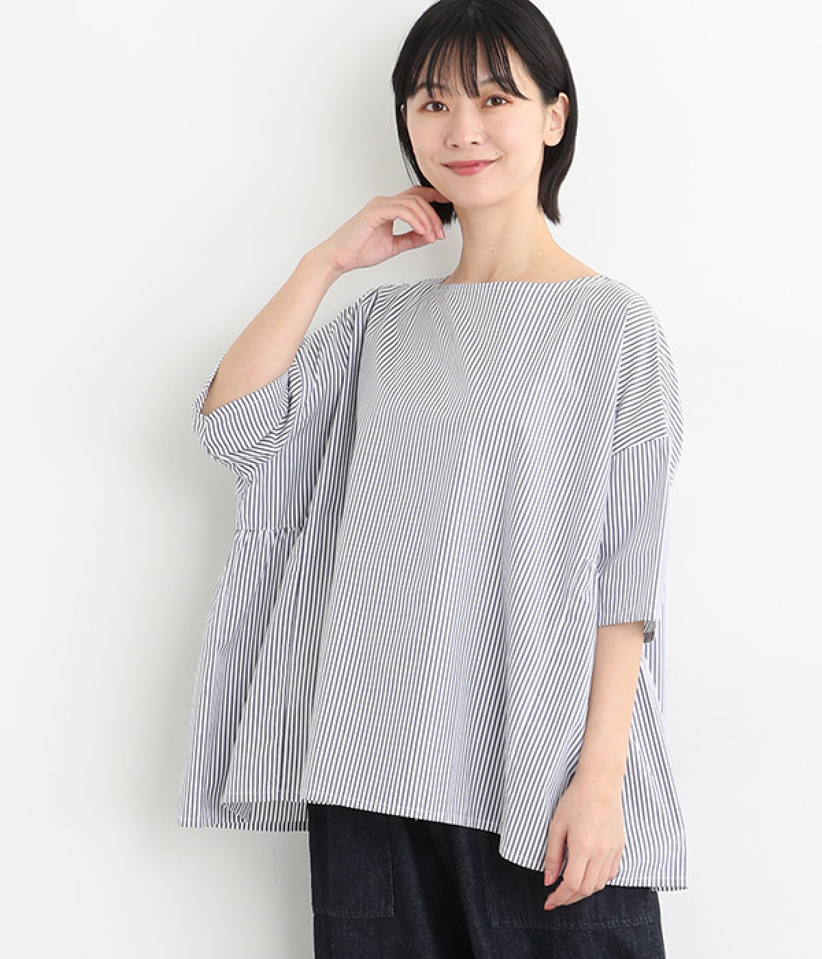 ブロードクロス　サイドギャザープルオーバー(ストライプネイビー-ONESIZE)