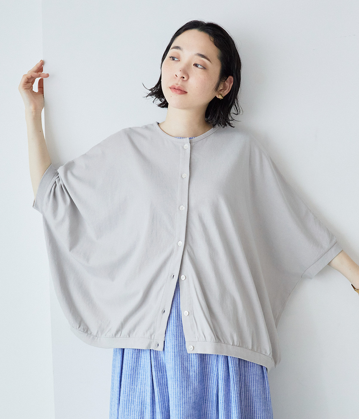 コットンカットソー　ドルマンカーディガン(ライトグレー-ONESIZE)